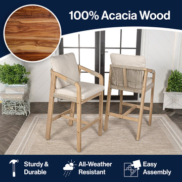 Porto Modern Coastal Tub Roped Acacia Wood Outdoor Bar Stool with Cushions and Armrests